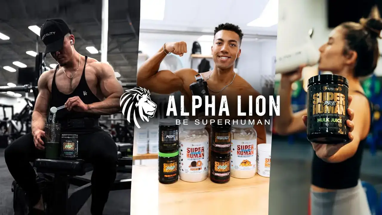 A vibrant image showcasing various Alpha Lion sports nutrition supplements arranged together, including protein powders, pre-workout formulas, and recovery aids.